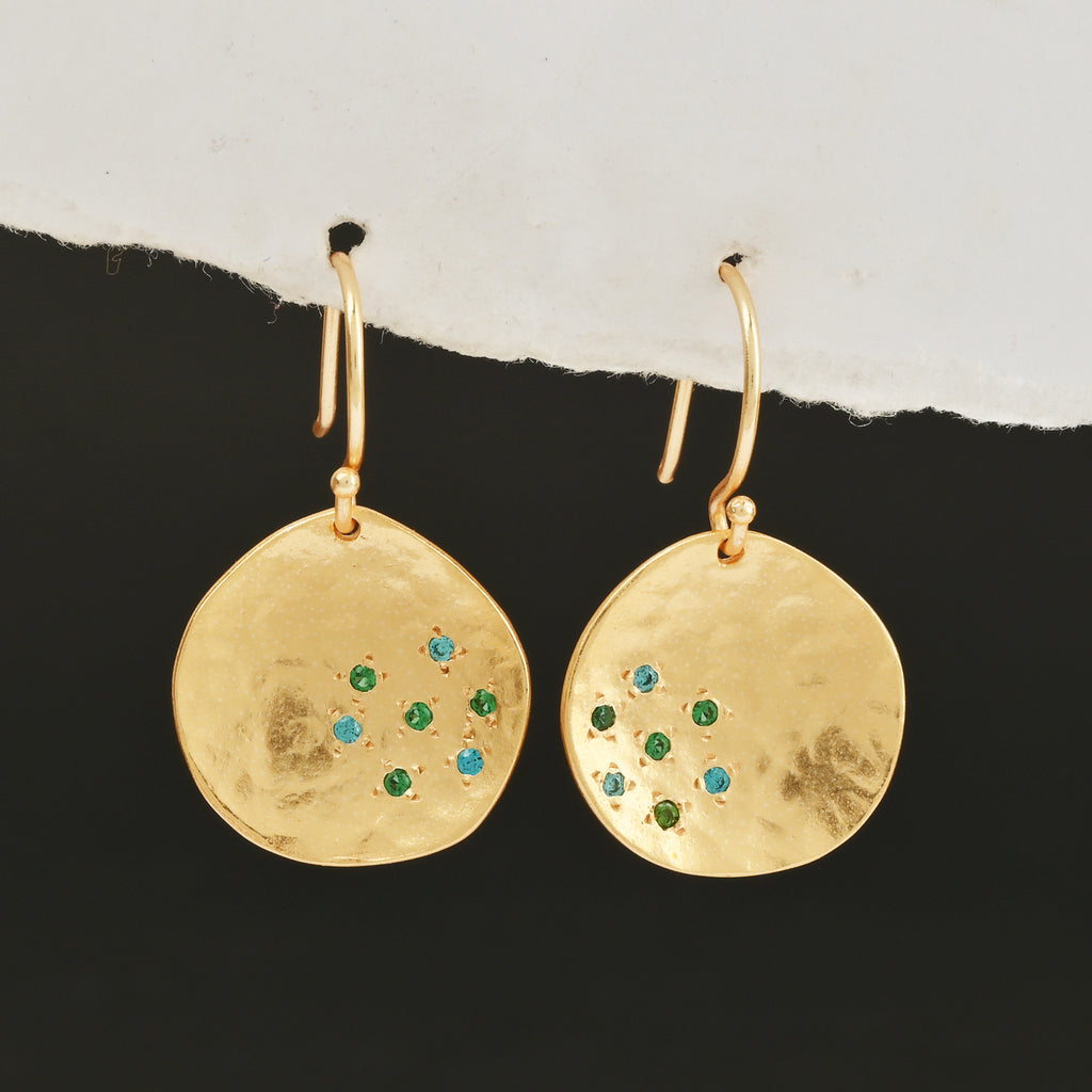 Golden Disc Drop Earrings with Blue & Green CZ Accents