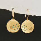 Golden Disc Drop Earrings with Blue & Green CZ Accents
