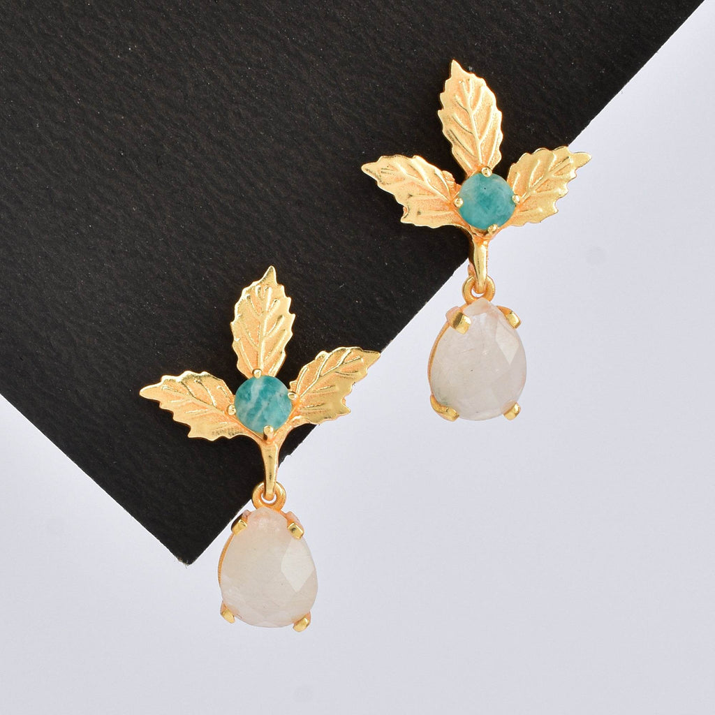 Dew Drop White Rainbow and Amazonite Gemstone Earrings - La Vitá Jewels