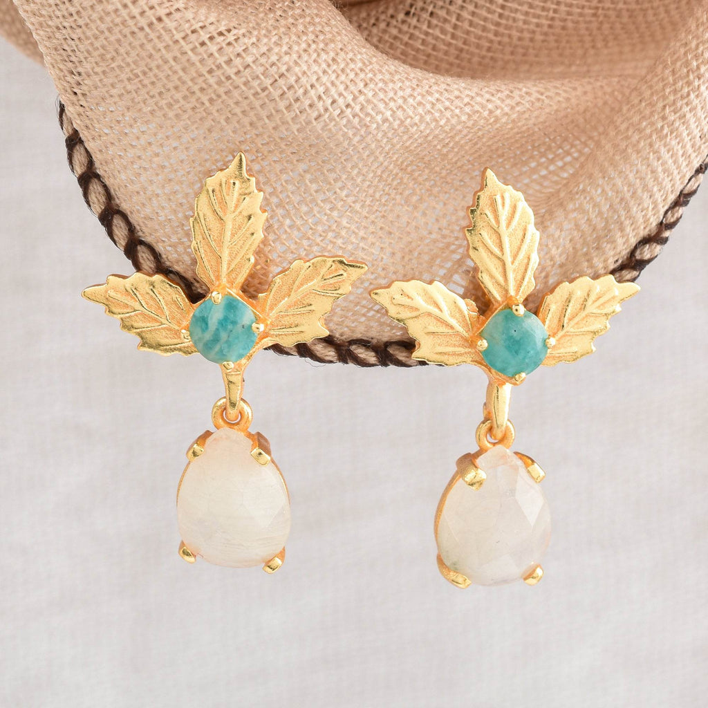 Dew Drop White Rainbow and Amazonite Gemstone Earrings - La Vitá Jewels
