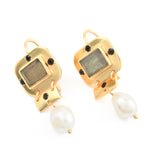Labradorite, Pearl, and Black CZ Dangle Earrings