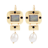 Labradorite, Pearl, and Black CZ Dangle Earrings