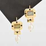 Labradorite, Pearl, and Black CZ Dangle Earrings