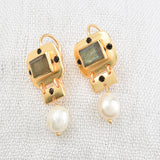 Labradorite, Pearl, and Black CZ Dangle Earrings