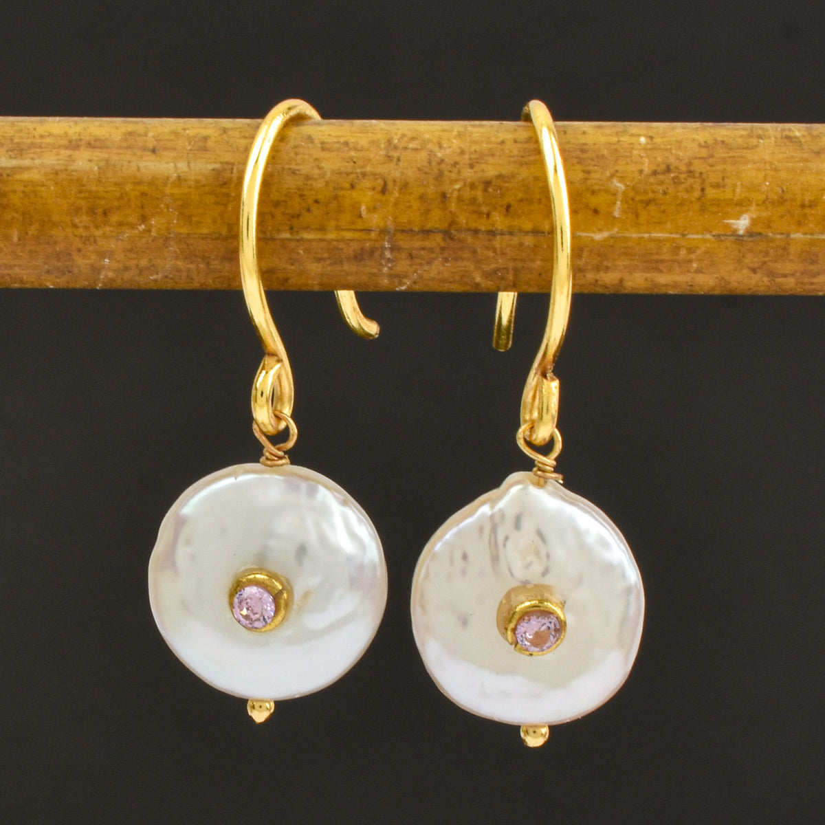 Mother of Pearl Hook Earrings with Pink CZ Accents
