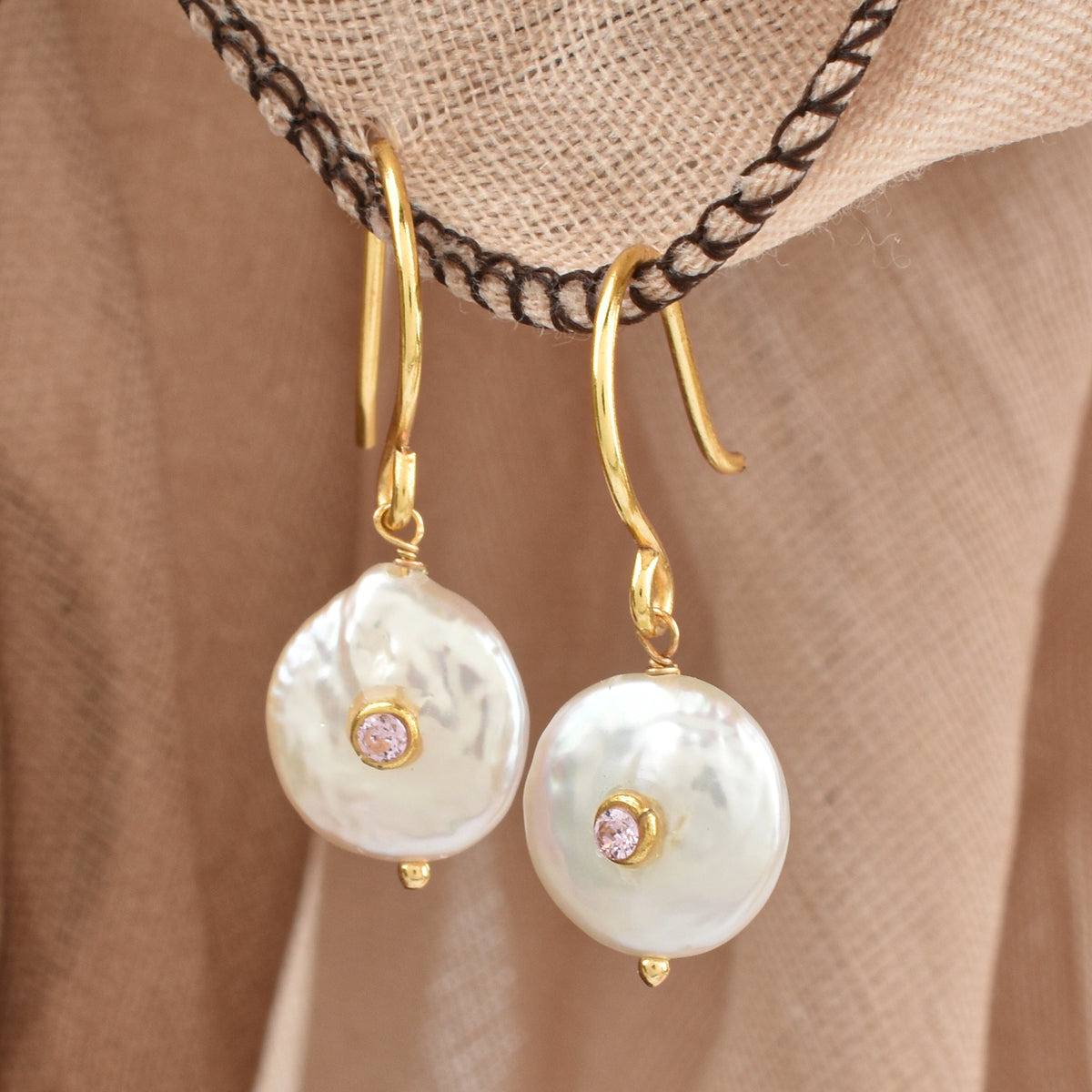 Mother of Pearl Hook Earrings with Pink CZ Accents