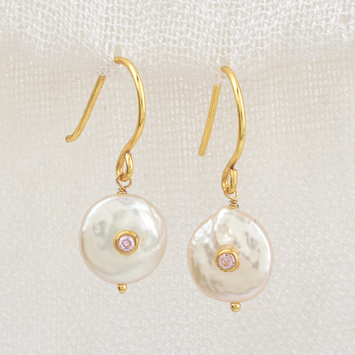 Mother of Pearl Hook Earrings with Pink CZ Accents