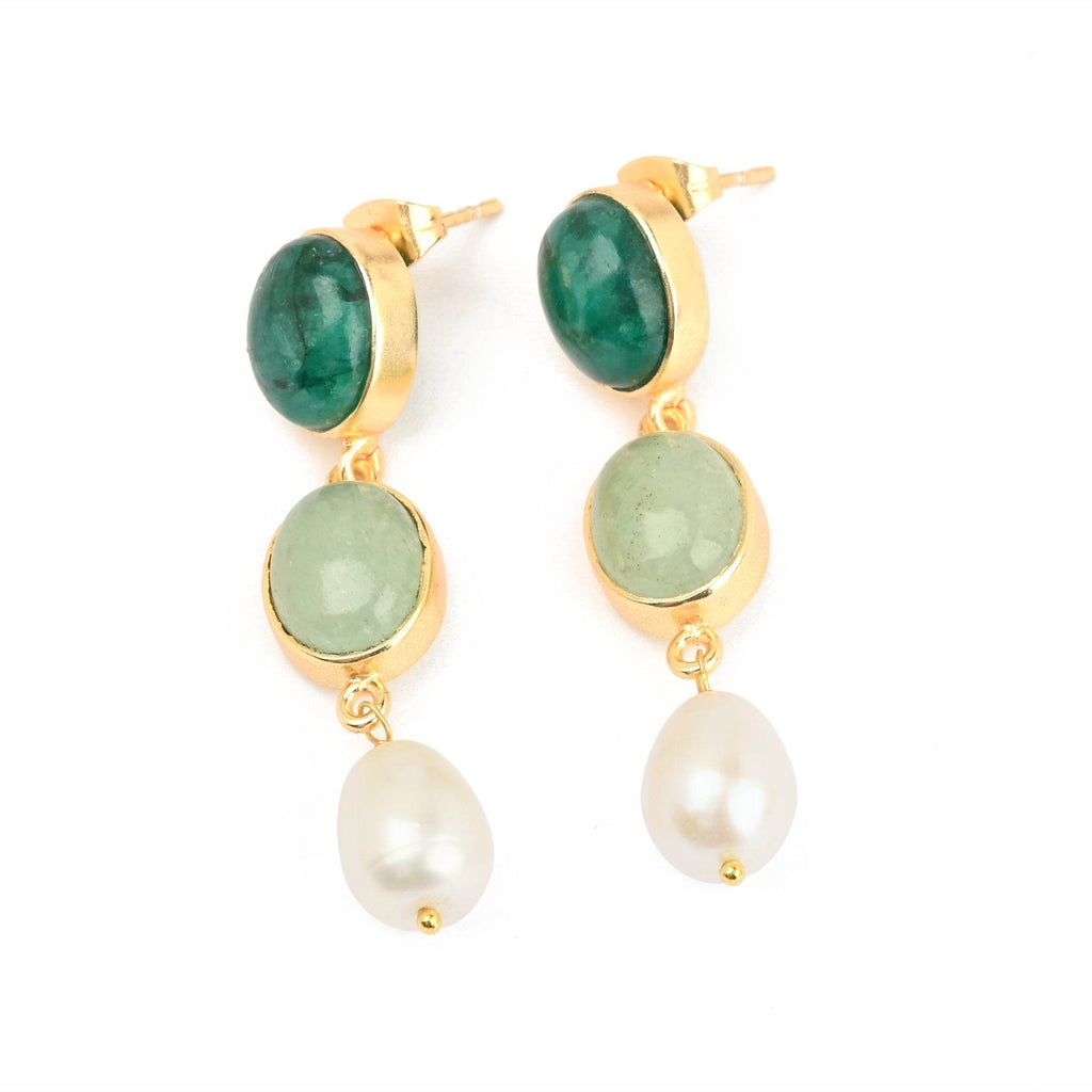 Emerald, Prehnite and Pearl Earrings - La Vitá Jewels