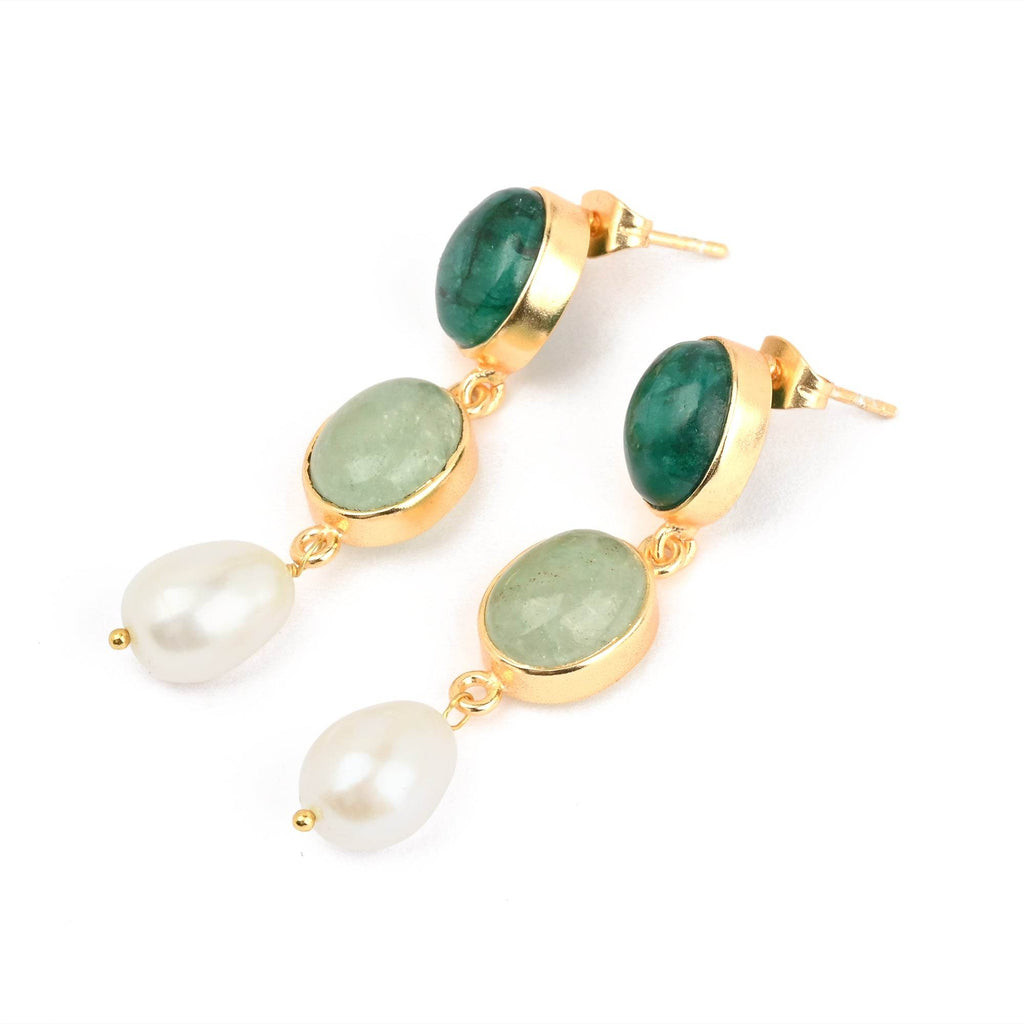 Emerald, Prehnite and Pearl Earrings - La Vitá Jewels