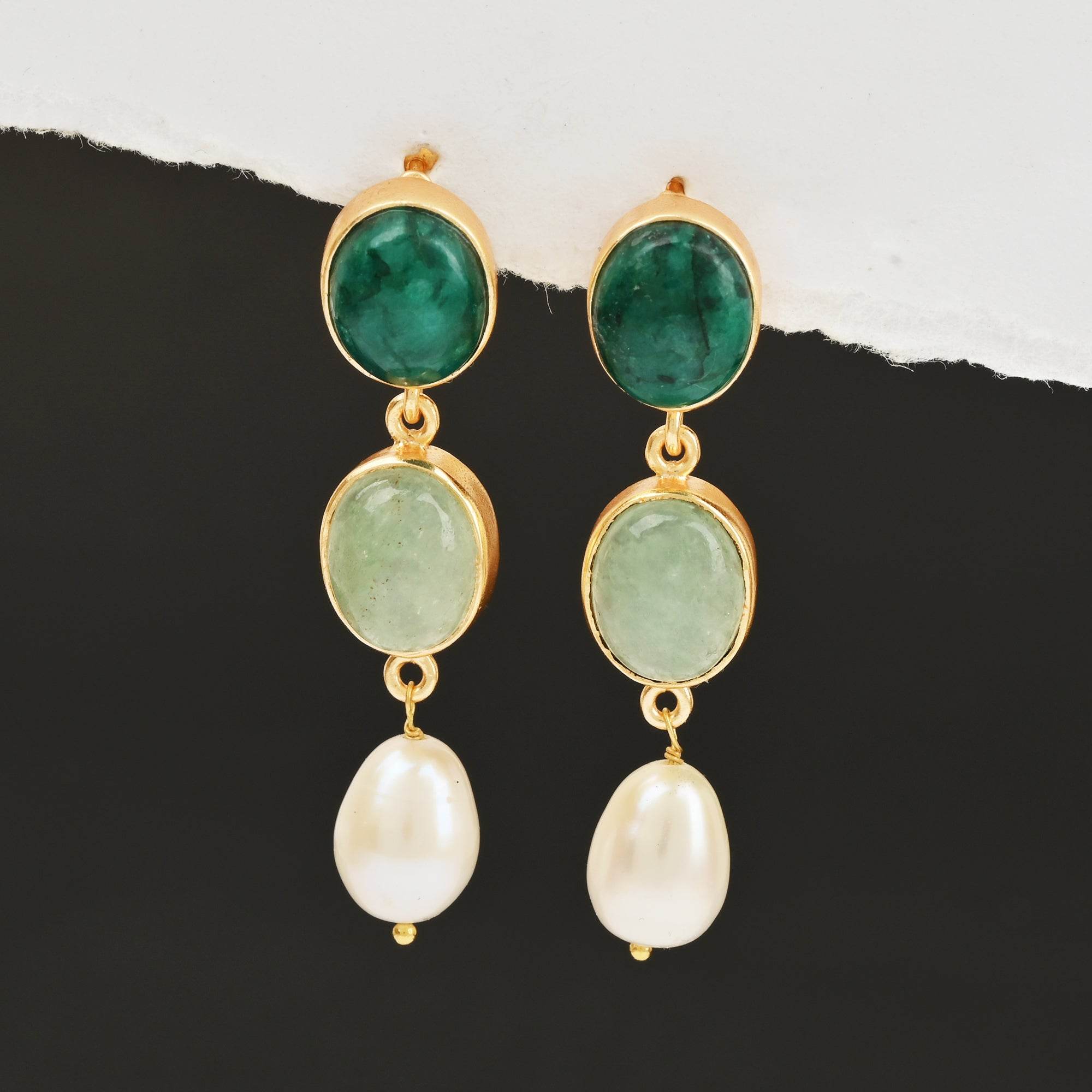 Emerald, Prehnite and Pearl Earrings - La Vitá Jewels