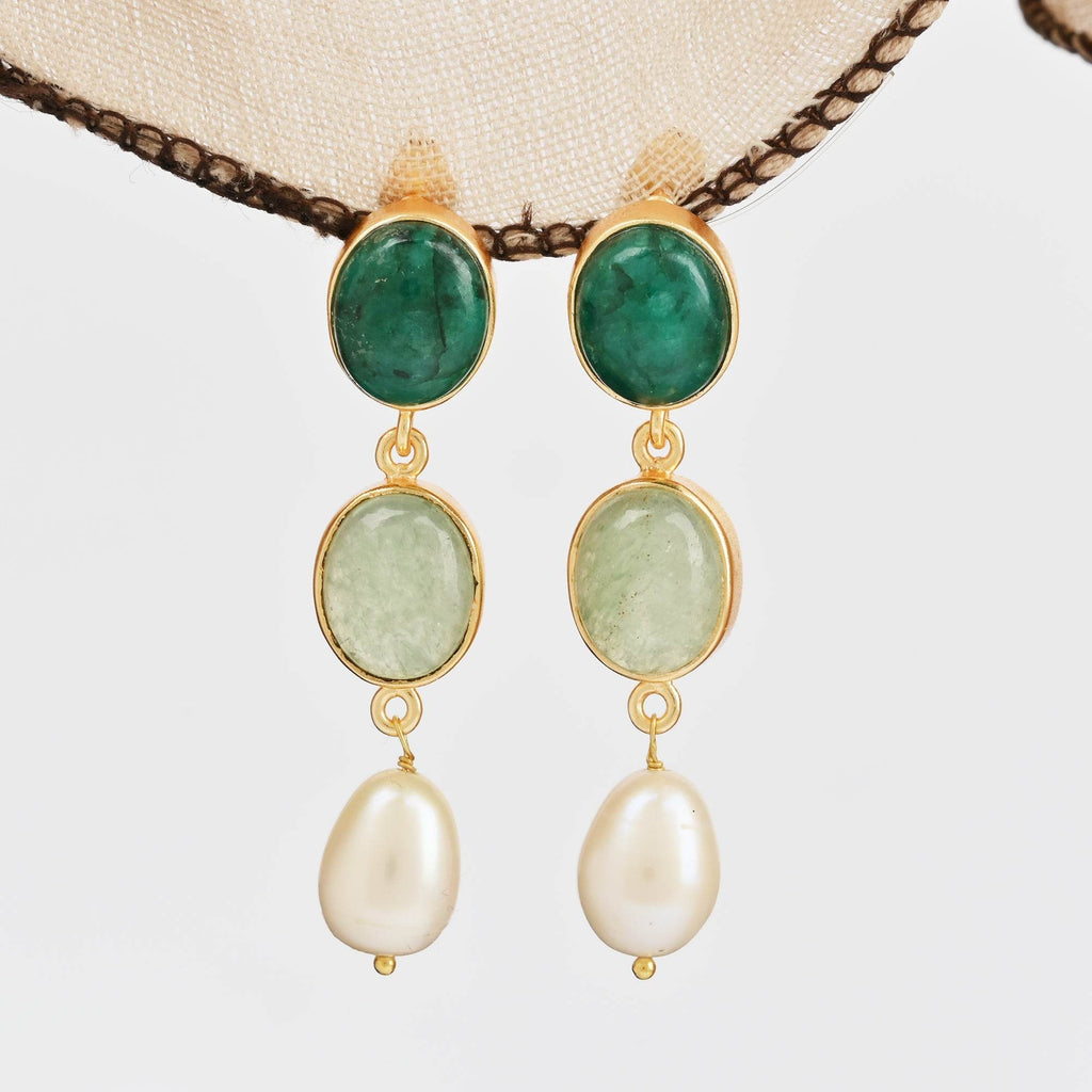 Emerald, Prehnite and Pearl Earrings - La Vitá Jewels
