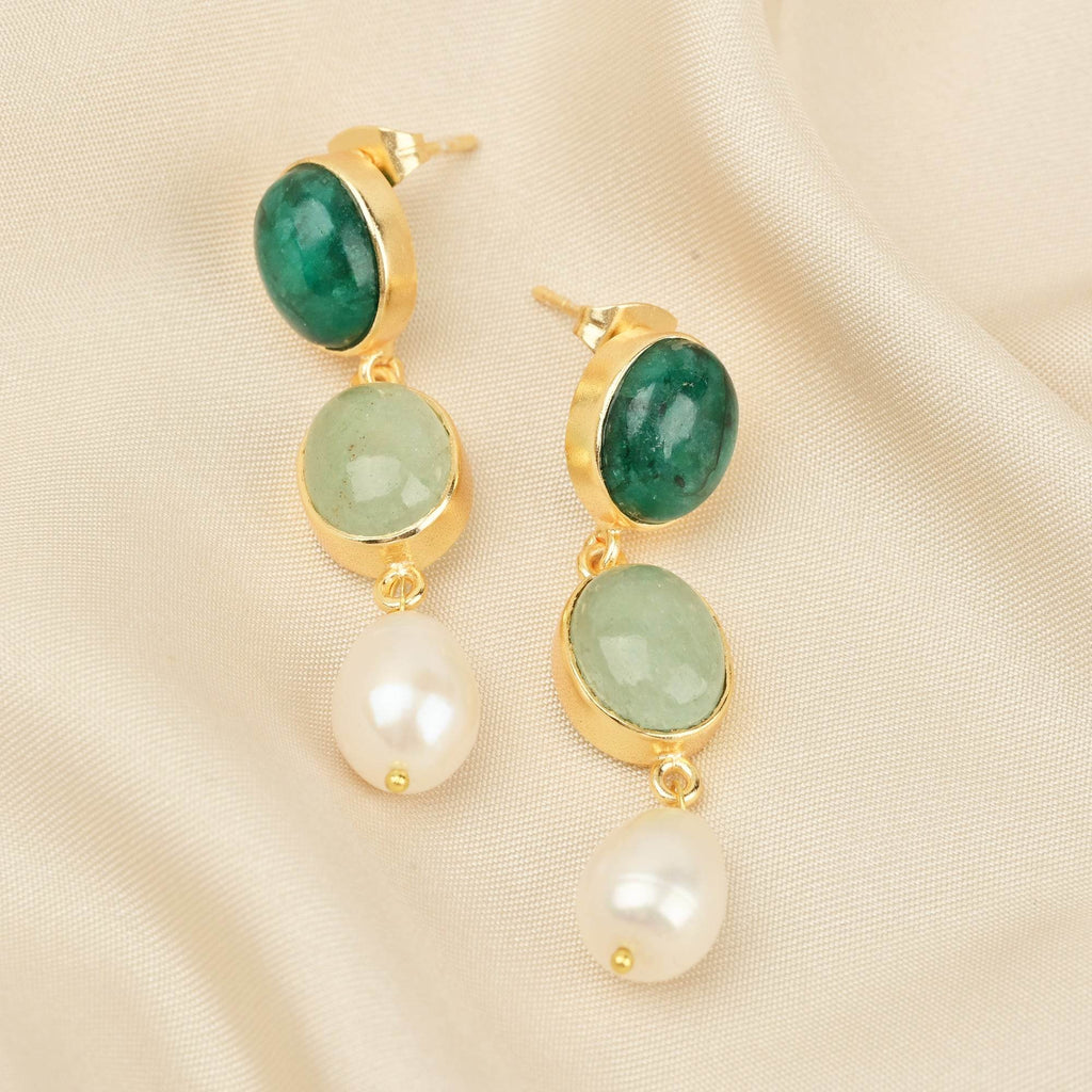 Emerald, Prehnite and Pearl Earrings - La Vitá Jewels