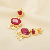 Ruby, Pearl Gemstone Dangle Earrings