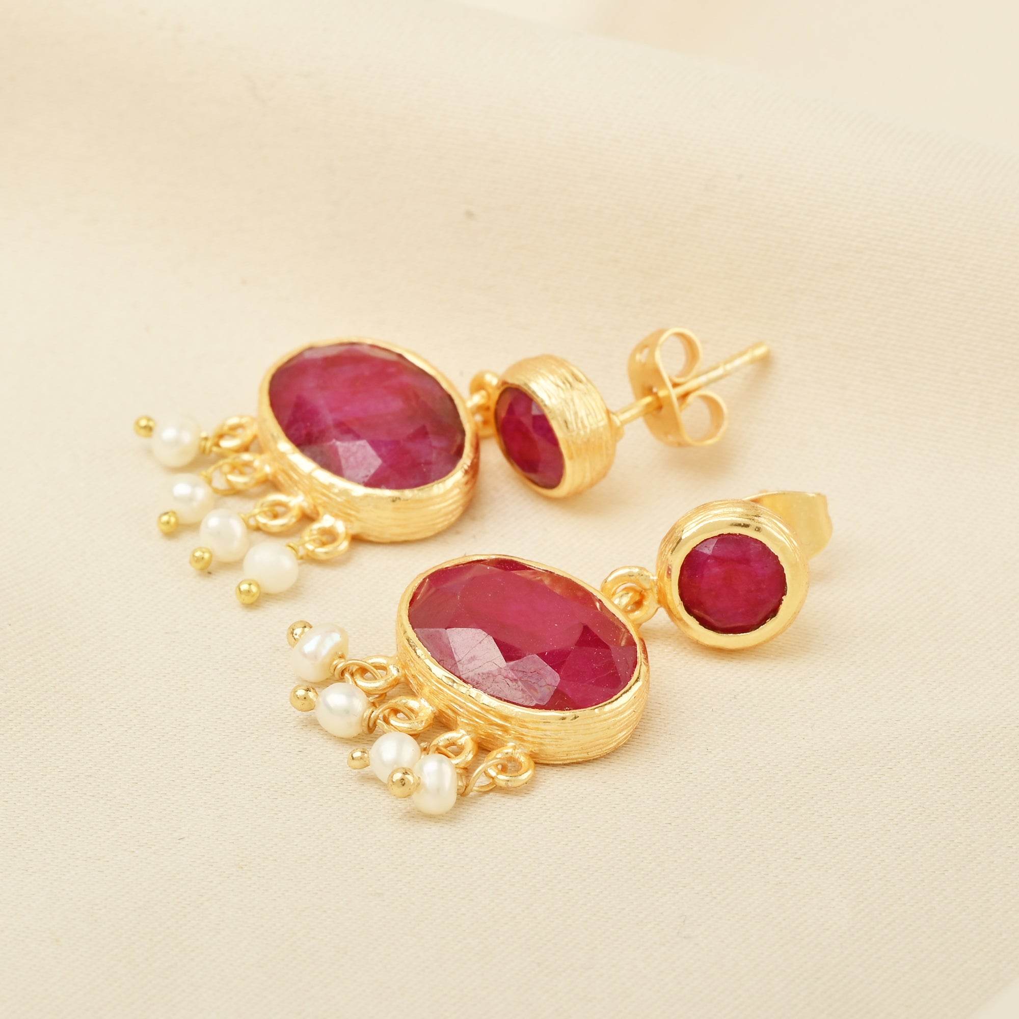 Majestic Rubies, Pearl Gemstone Earrings - La Vitá Jewels