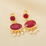 Ruby, Pearl Gemstone Dangle Earrings