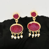 Ruby, Pearl Gemstone Dangle Earrings