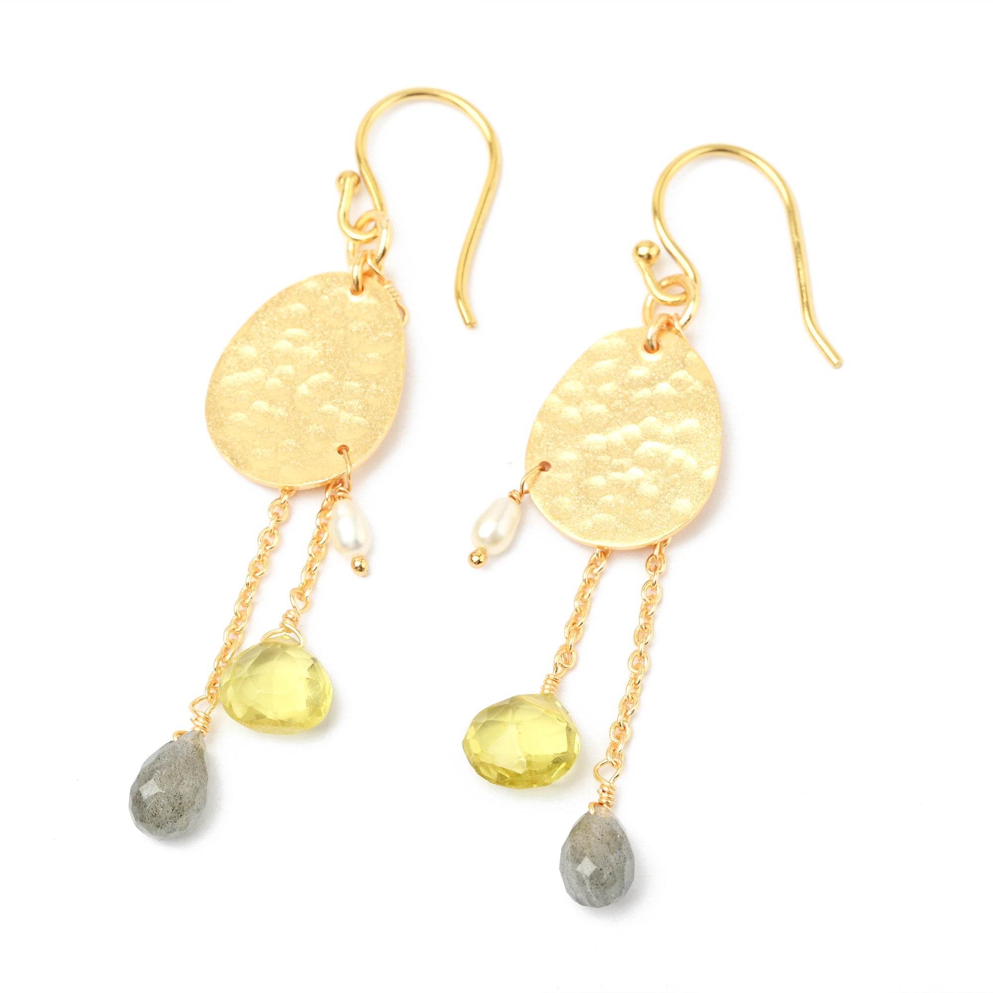 Lemon Quartz Labradorite and Pearl Dangle Earrings - La Vitá Jewels