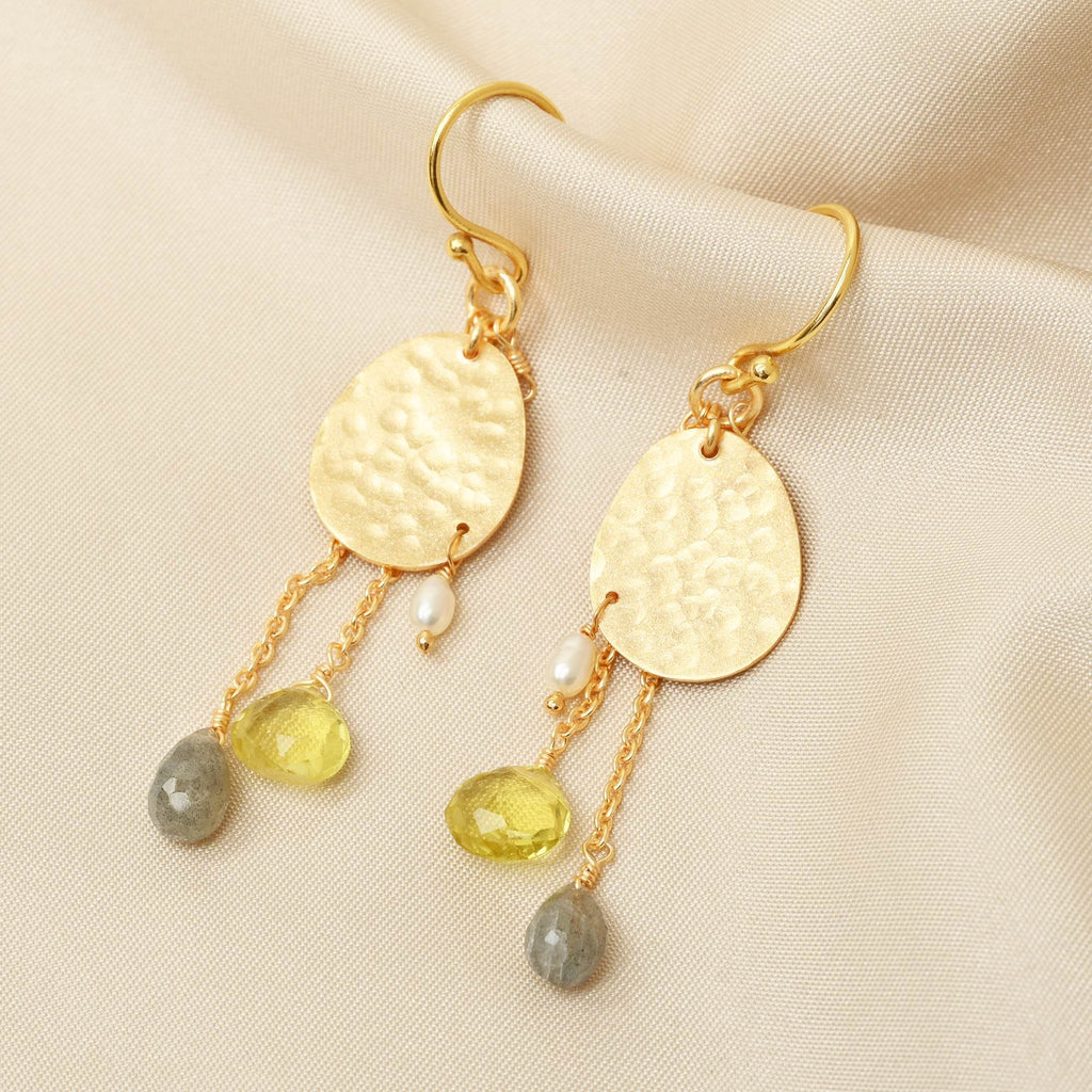 Lemon Quartz Labradorite and Pearl Dangle Earrings - La Vitá Jewels
