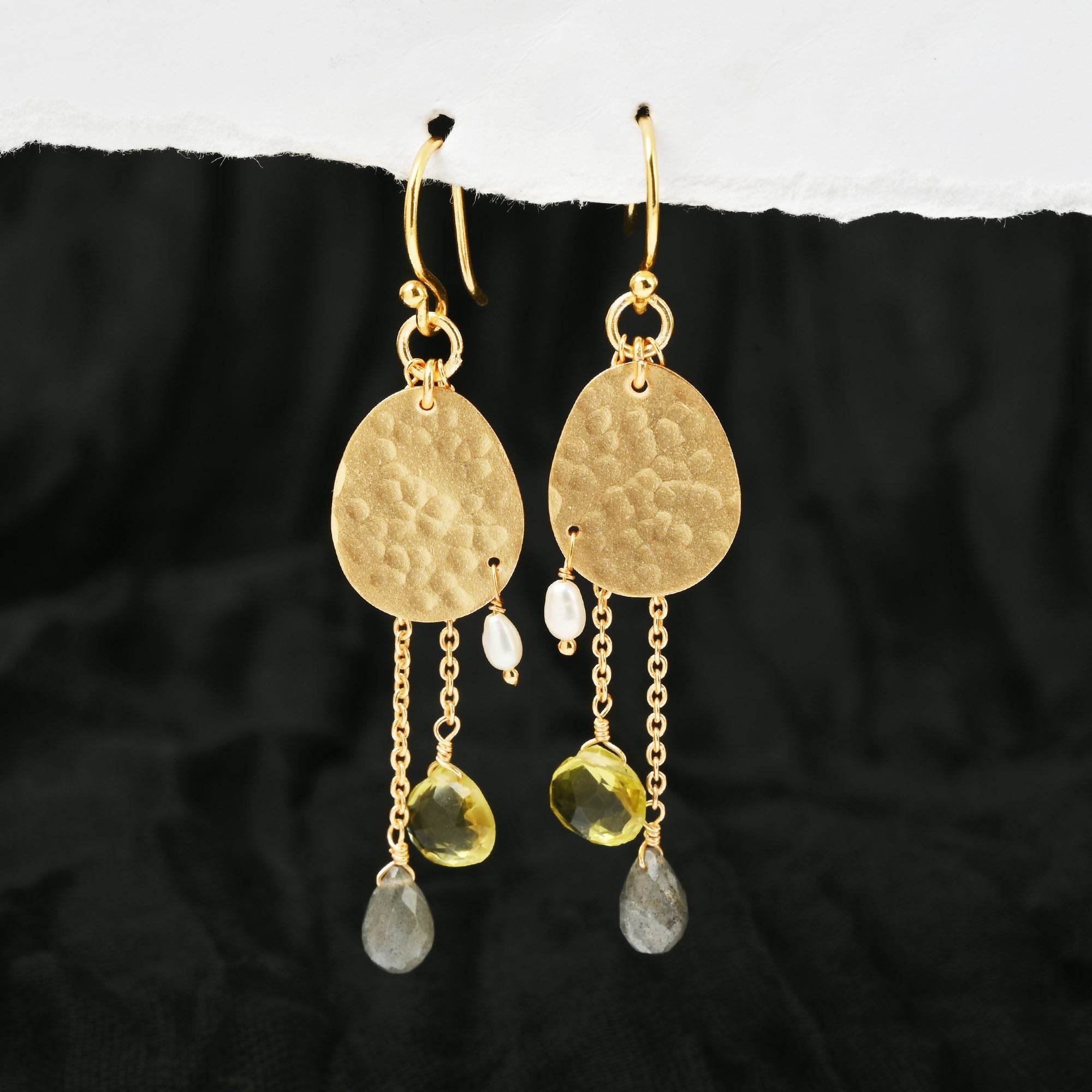 Lemon Quartz Labradorite and Pearl Dangle Earrings - La Vitá Jewels