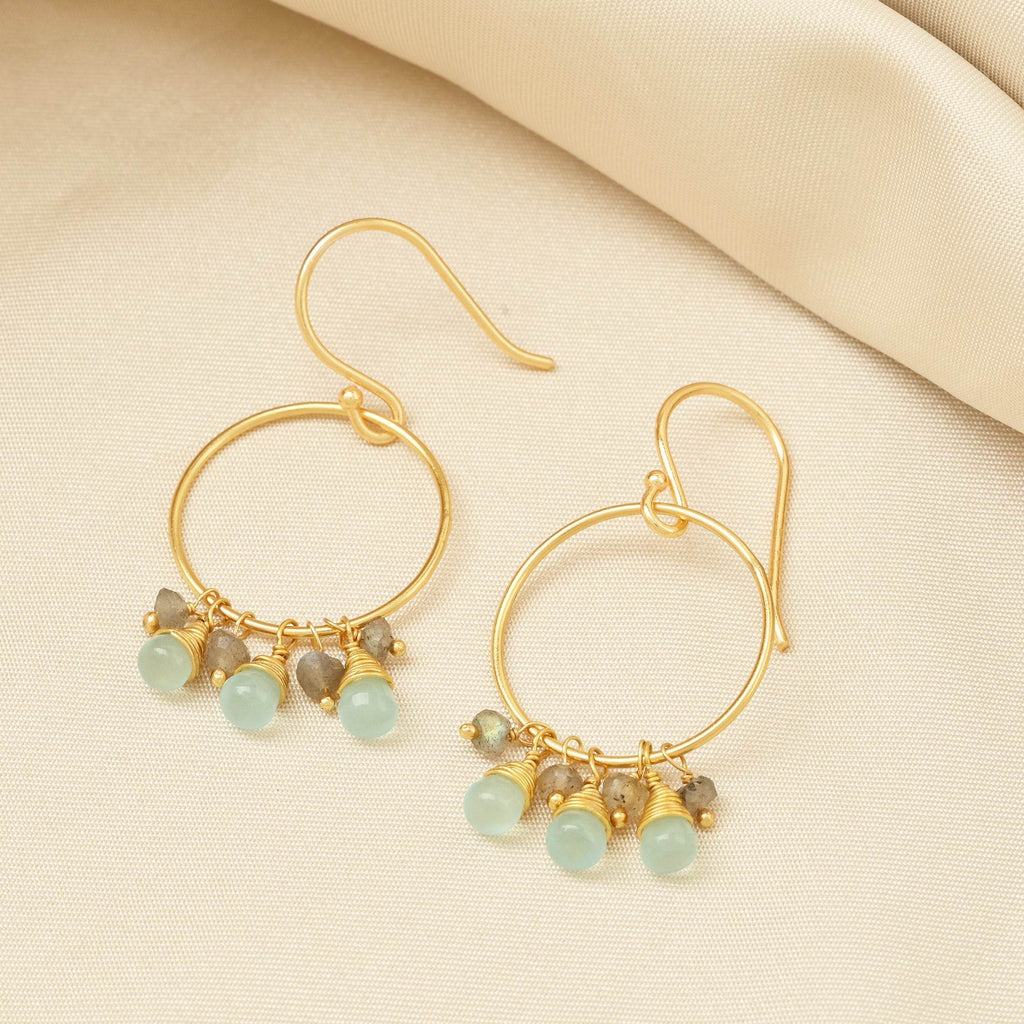 Circle Shape with Aqua Chalcedony, Labradorite Beads Earrings - La Vitá Jewels