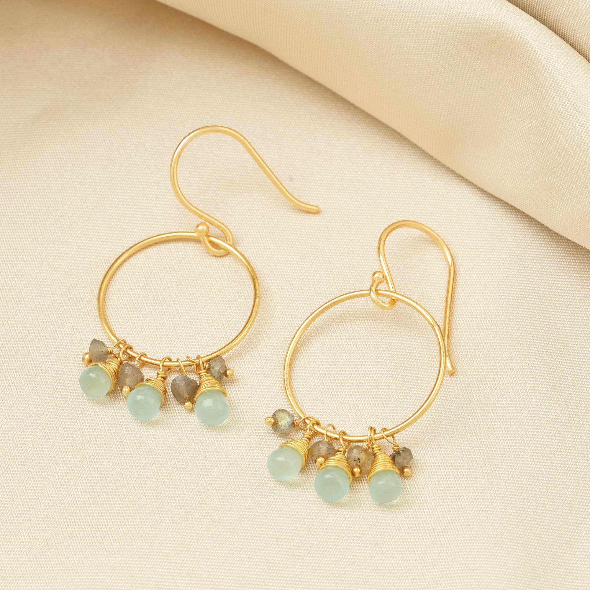 Circle Shape with Aqua Chalcedony, Labradorite Beads Earrings - La Vitá Jewels