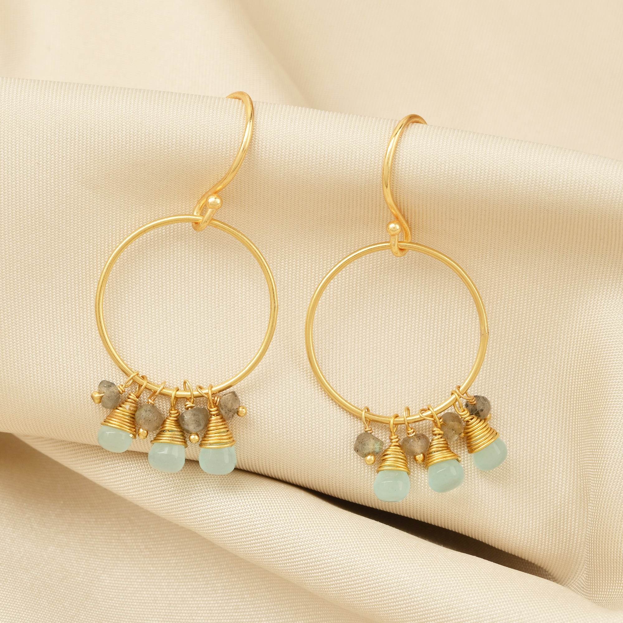 Circle Shape with Aqua Chalcedony, Labradorite Beads Earrings - La Vitá Jewels