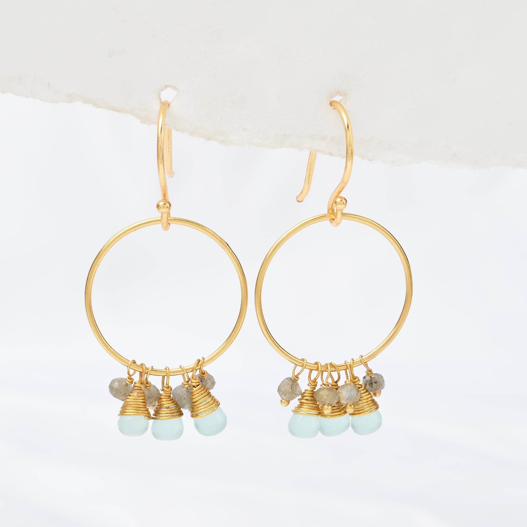 Circle Shape with Aqua Chalcedony, Labradorite Beads Earrings - La Vitá Jewels