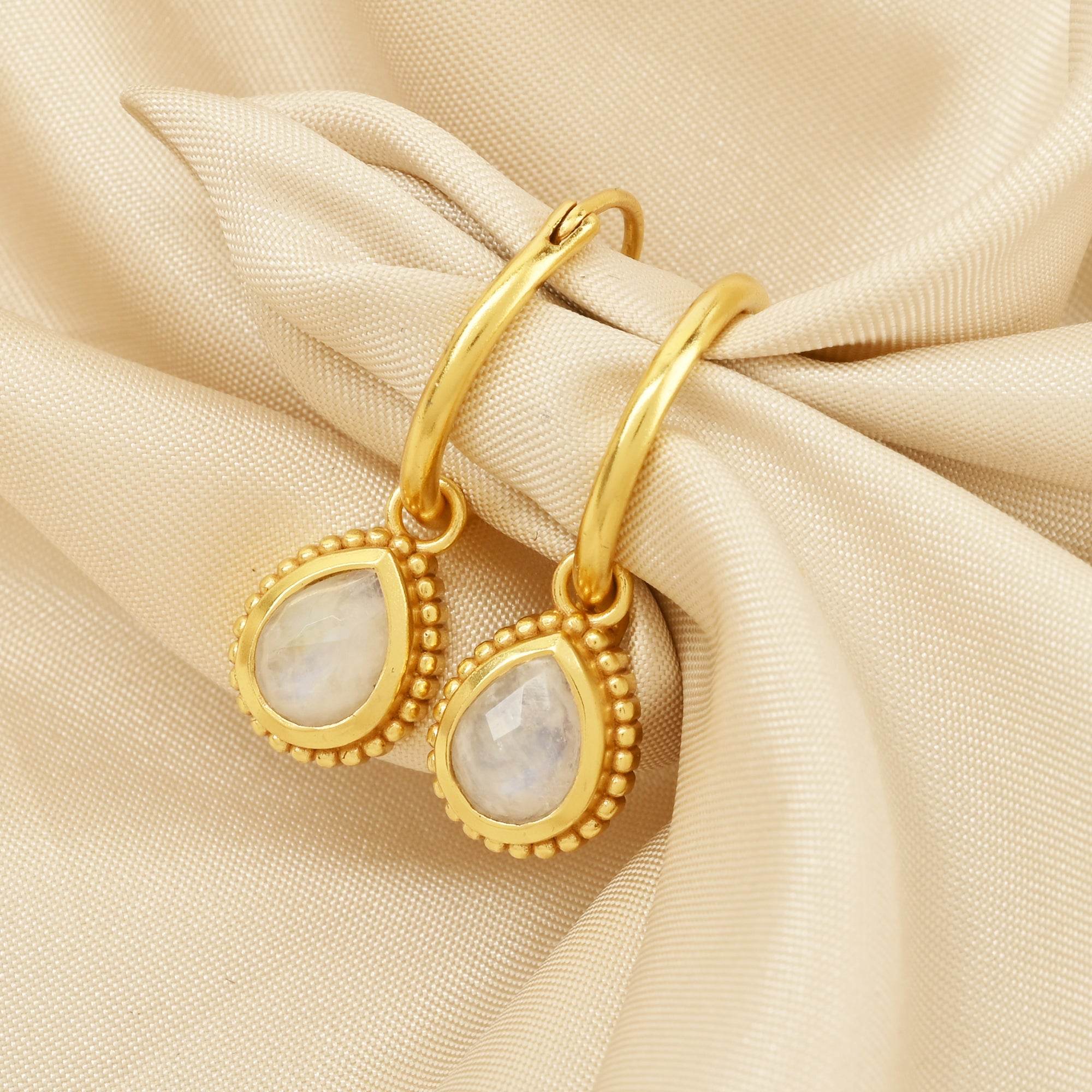 Rainbow Moonstone Huggies Dangle Earrings - La Vitá Jewels