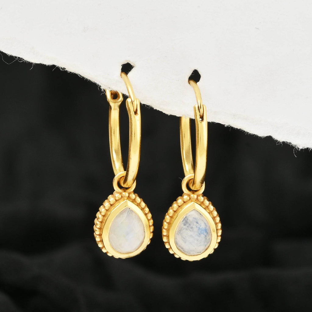 Rainbow Moonstone Huggies Dangle Earrings - La Vitá Jewels