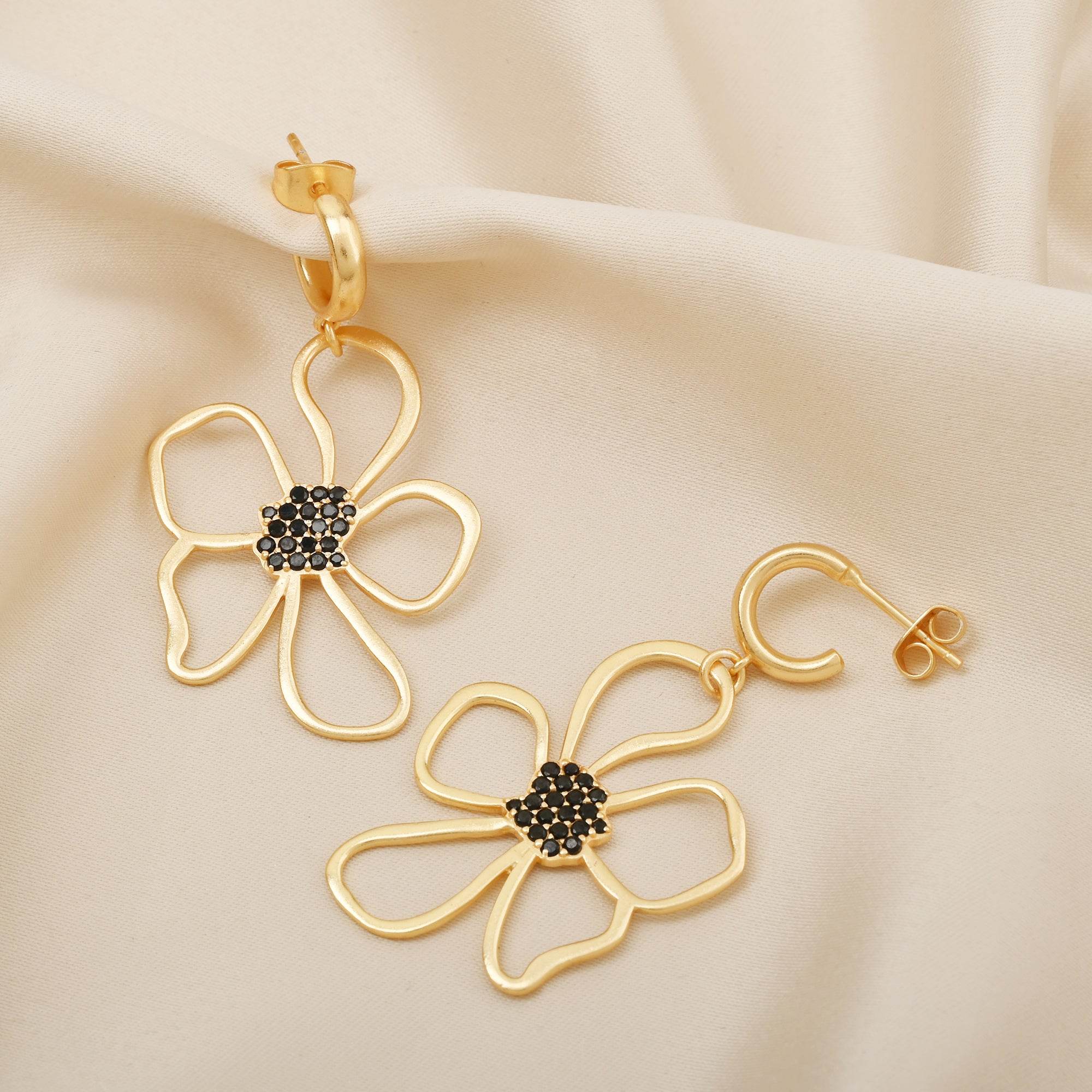 Ava Large Flower Black Zircon Hoop Earrings - La Vitá Jewels