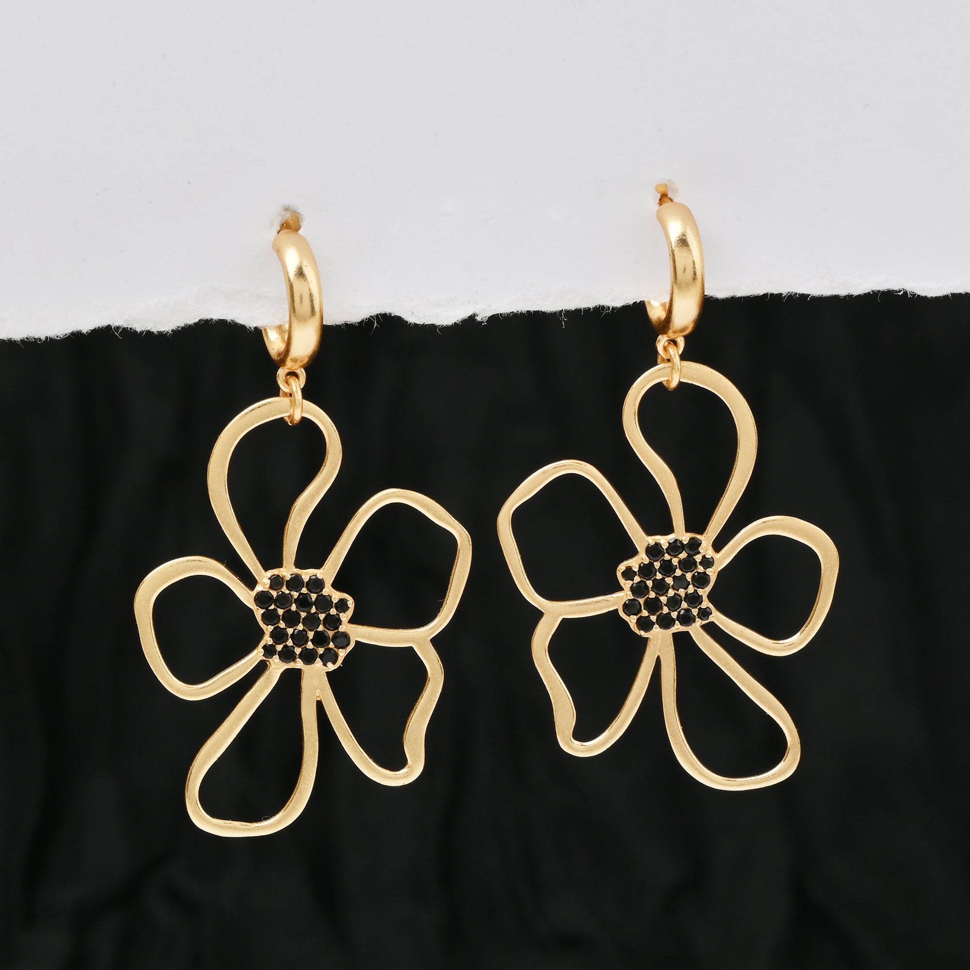 Ava Large Flower Black Zircon Hoop Earrings - La Vitá Jewels