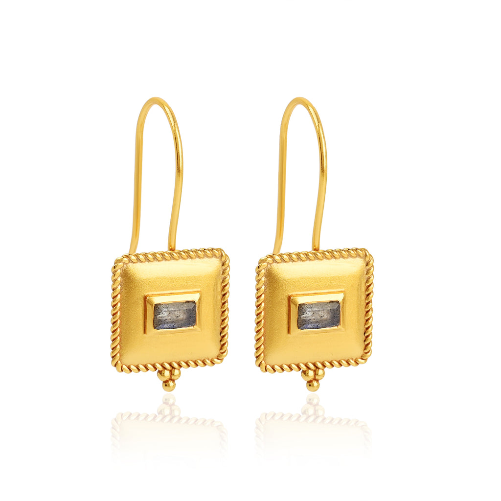 Gold Square Labradorite Gemstone Hook Earrings
