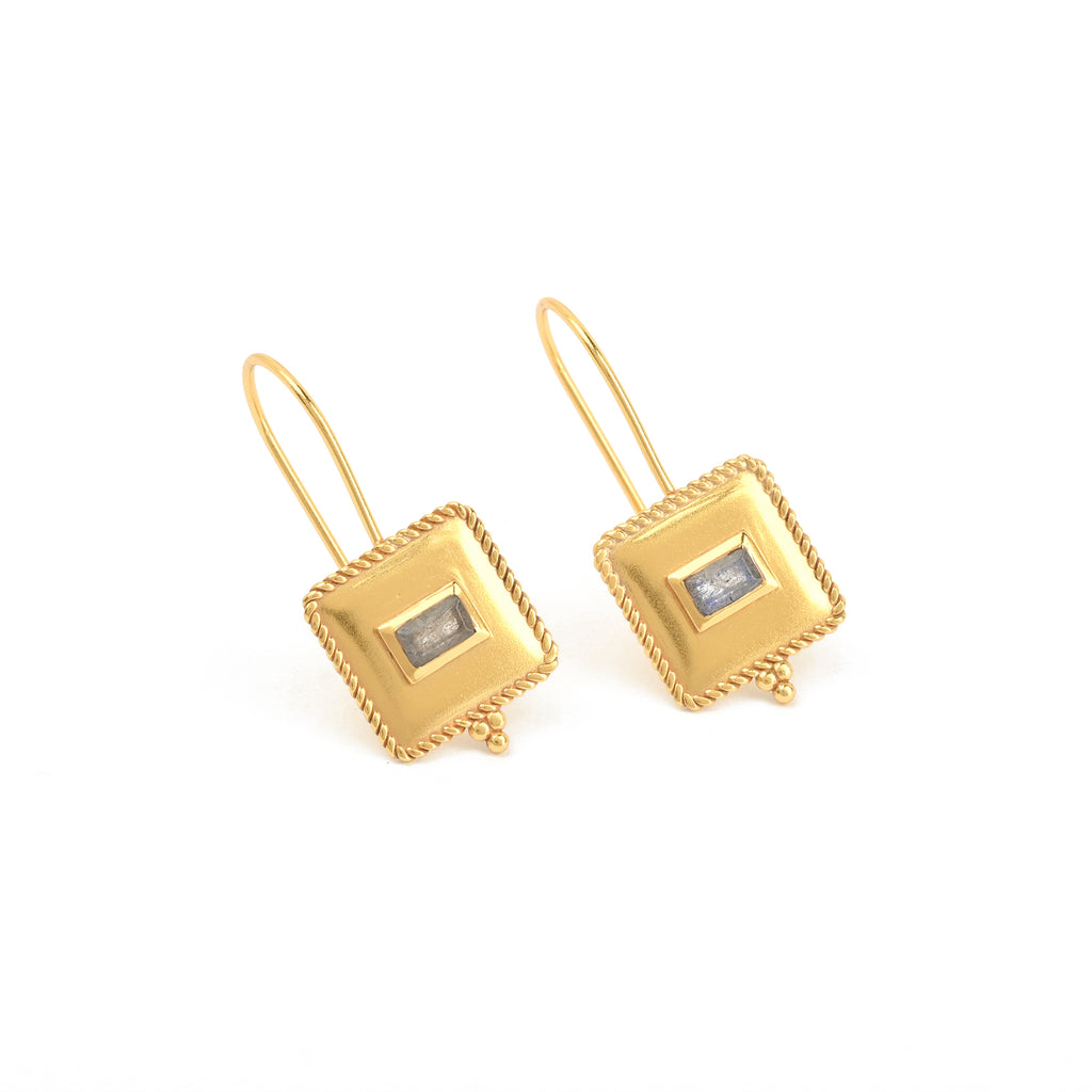 Gold Square Labradorite Gemstone Hook Earrings