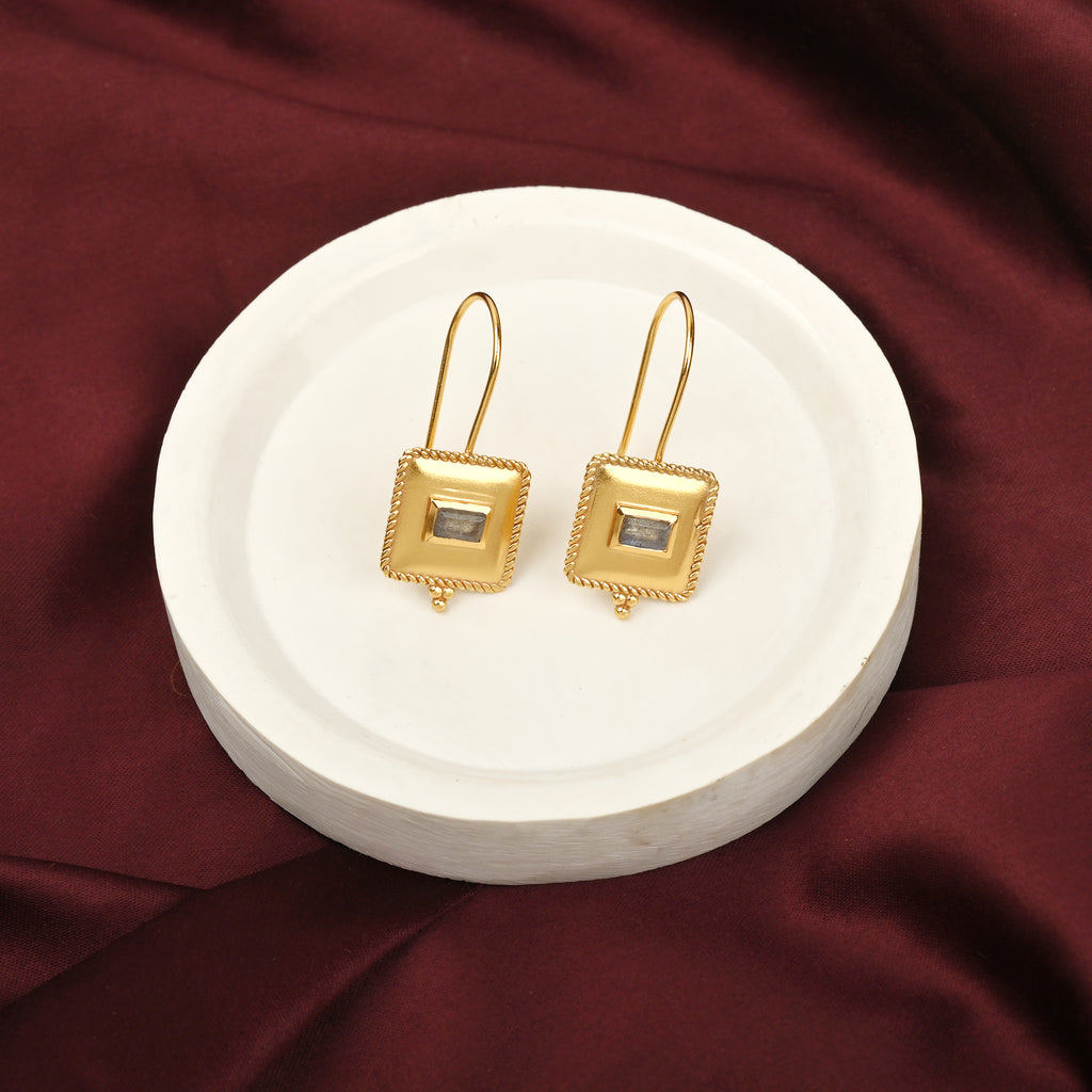 Gold Square Labradorite Gemstone Hook Earrings