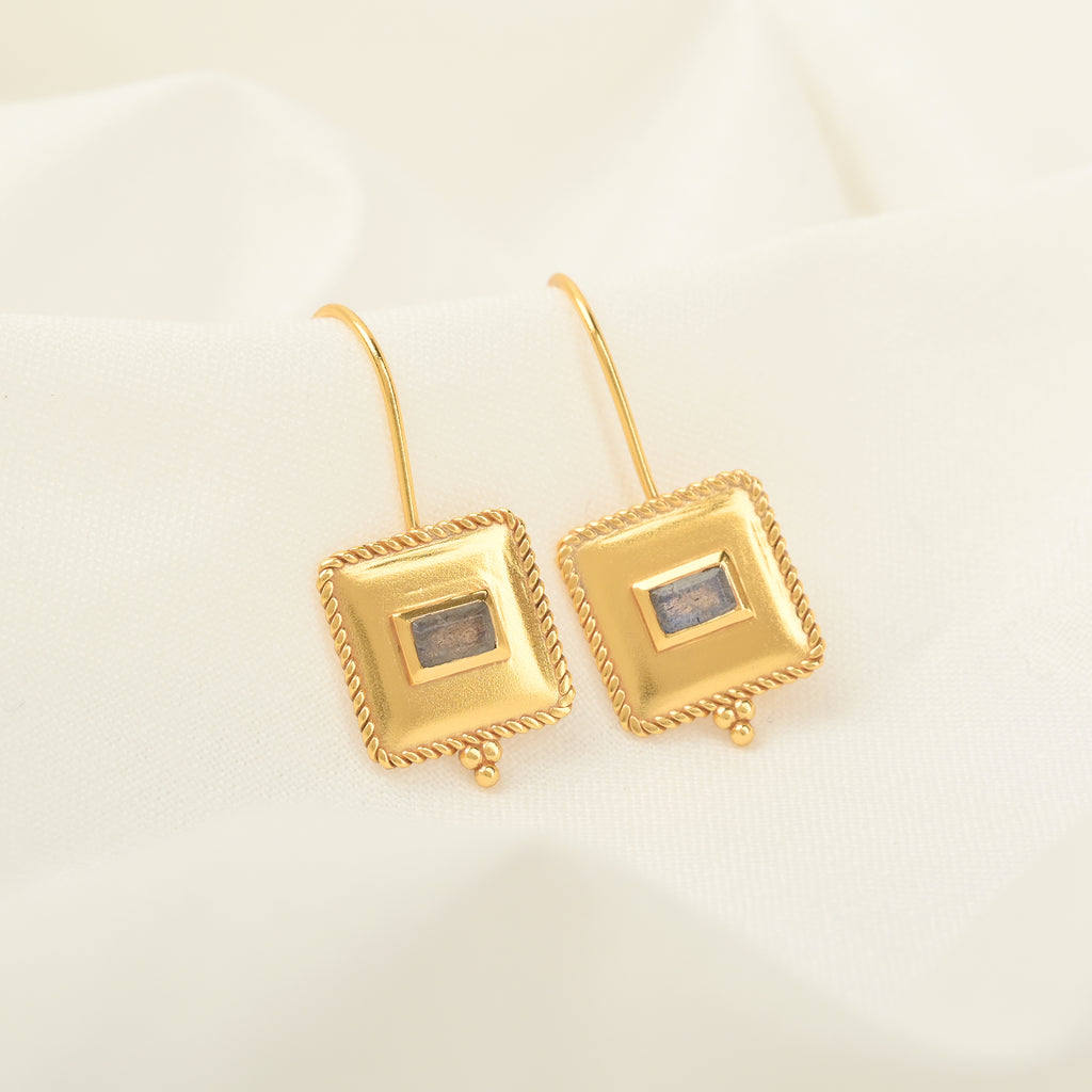 Gold Square Labradorite Gemstone Hook Earrings