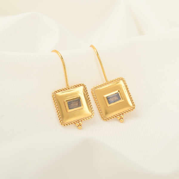 Gold Square Labradorite Gemstone Hook Earrings