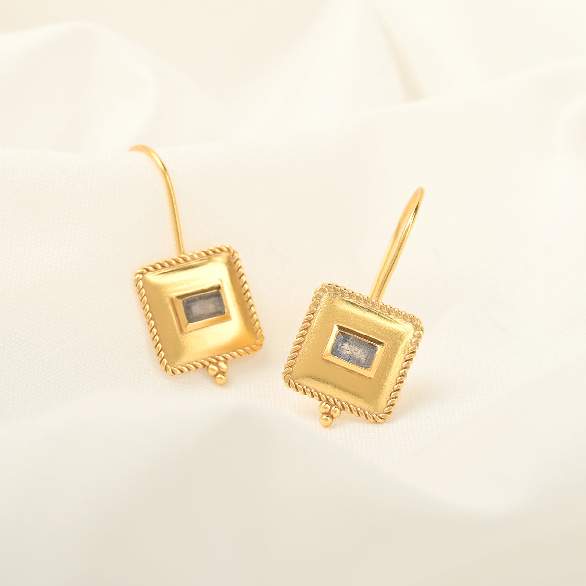 Gold Square Labradorite Gemstone Hook Earrings
