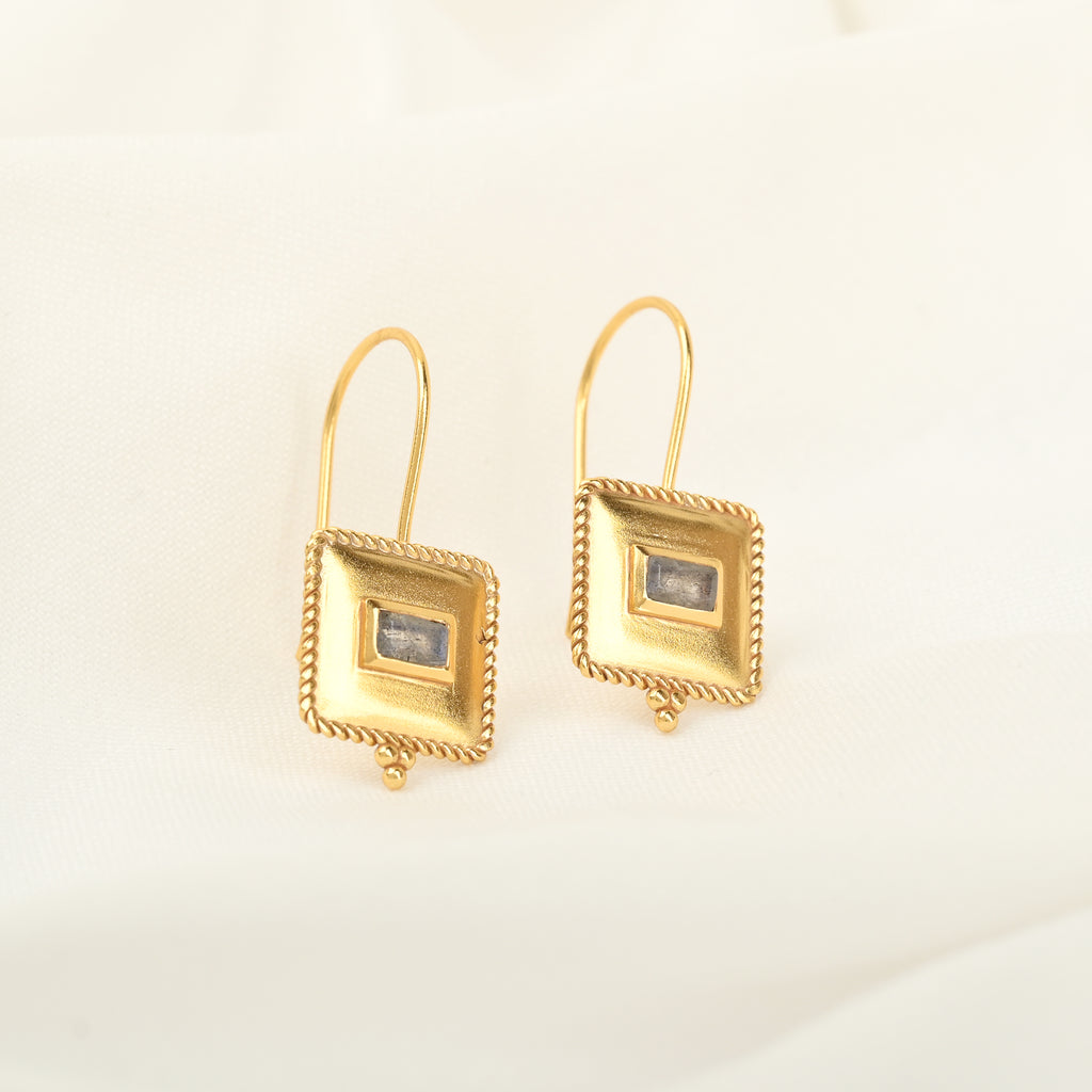 Gold Square Labradorite Gemstone Hook Earrings
