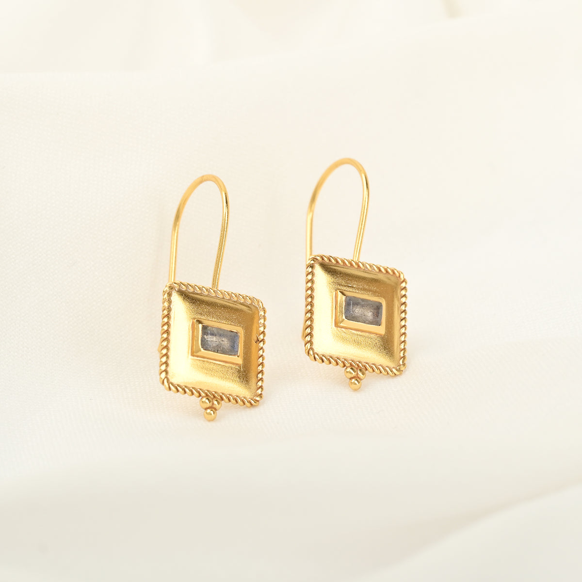 Gold Square Labradorite Gemstone Hook Earrings