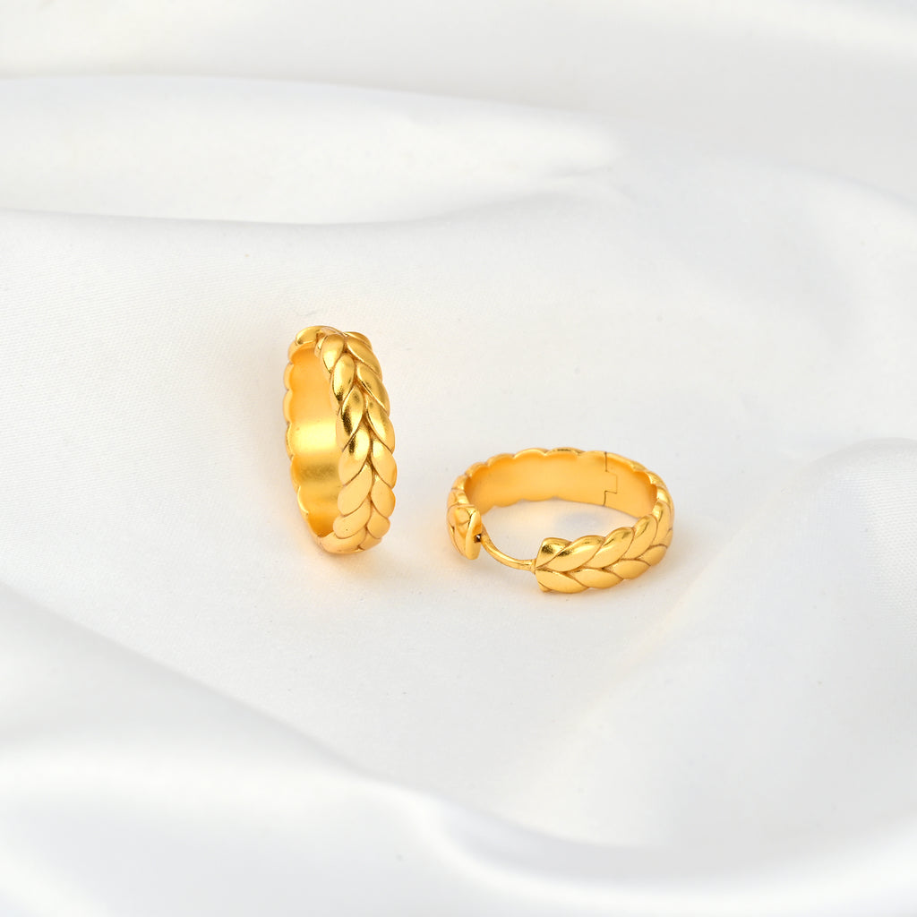 Gold Leaf Design Huggie Hoop Earrings