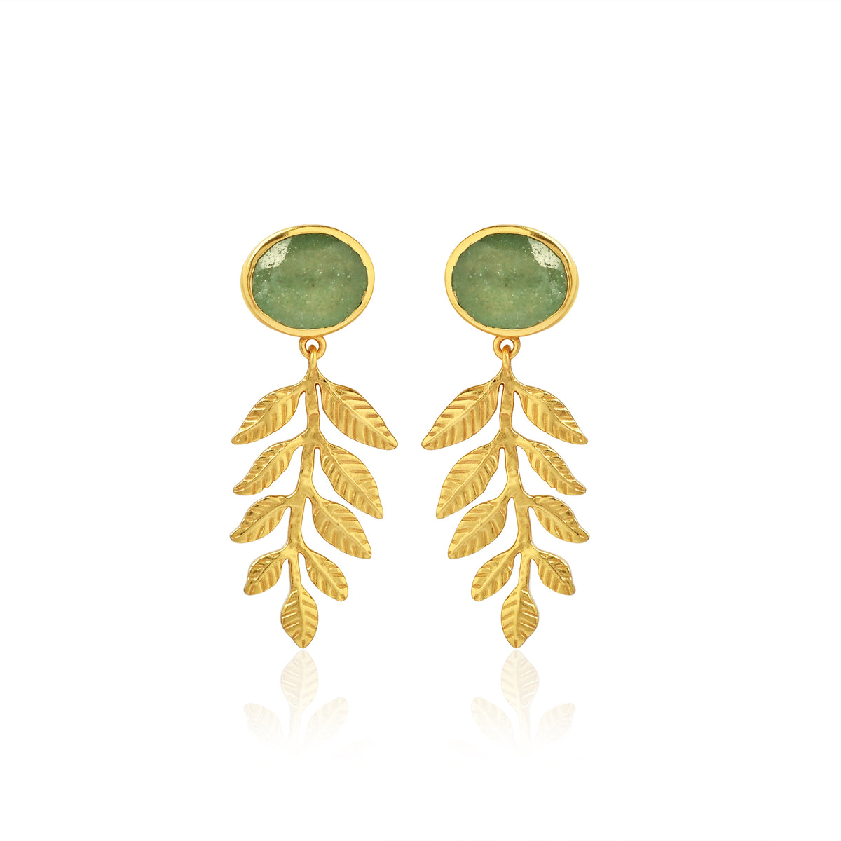 Green Aventurine Stud Earrings with Leaf Branch Drops
