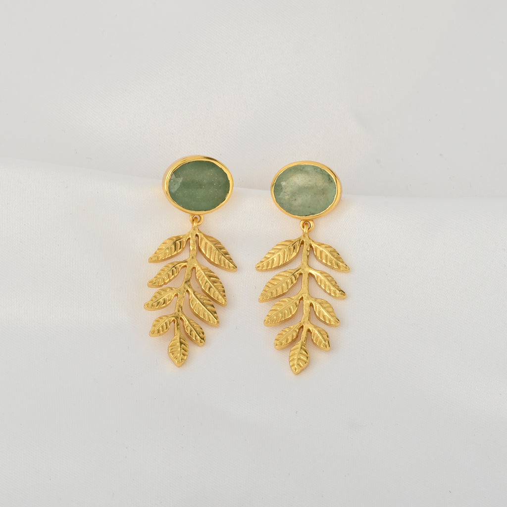 Green Aventurine Stud Earrings with Leaf Branch Drops