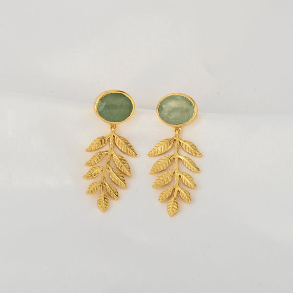 Green Aventurine Stud Earrings with Leaf Branch Drops