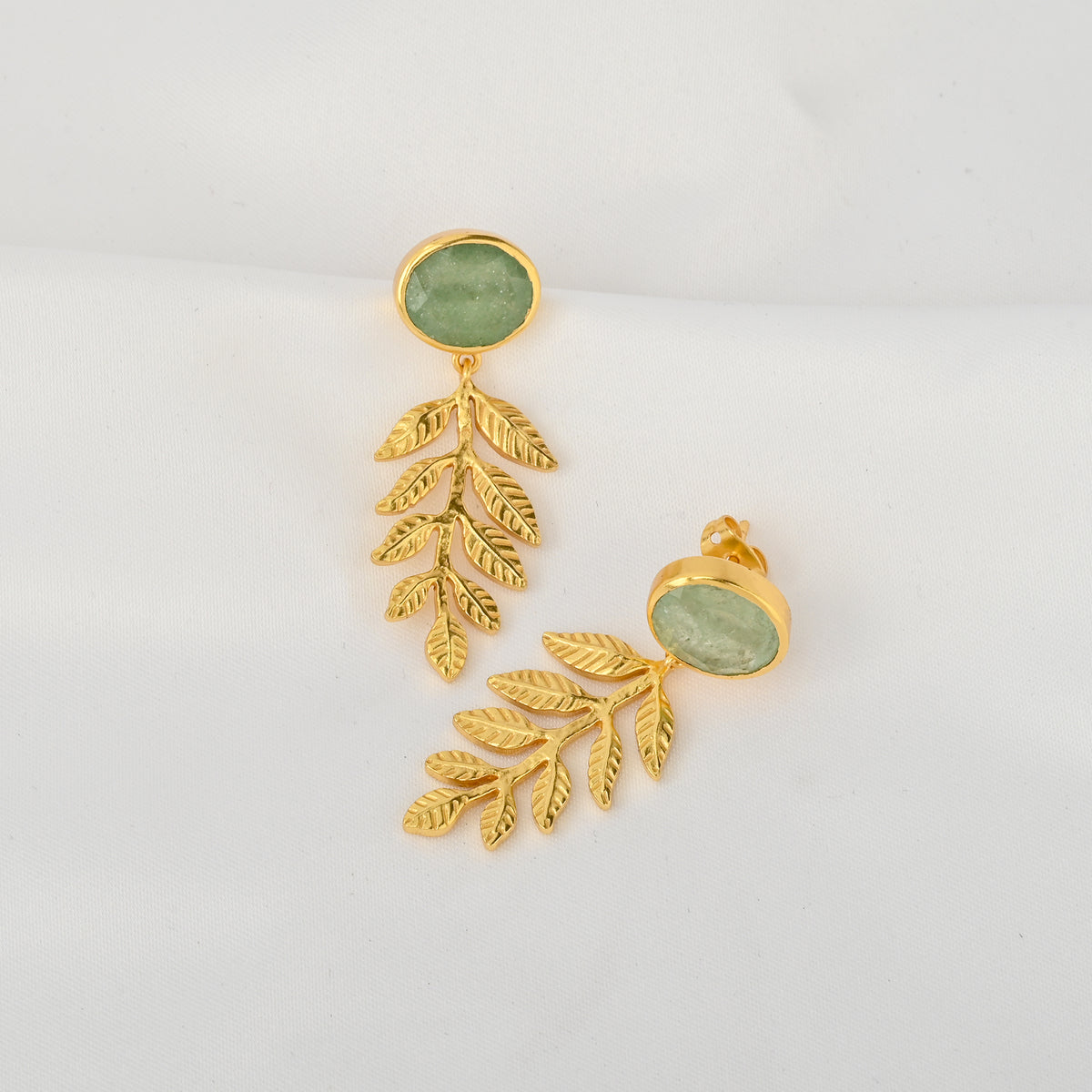 Green Aventurine Stud Earrings with Leaf Branch Drops