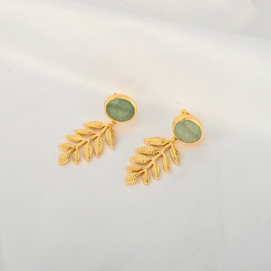Green Aventurine Stud Earrings with Leaf Branch Drops