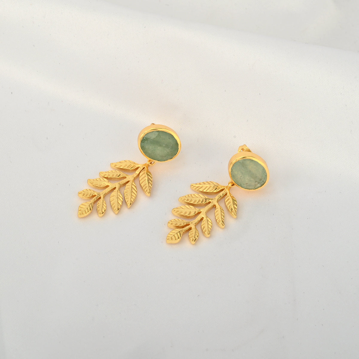 Green Aventurine Stud Earrings with Leaf Branch Drops