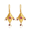 Traditional Gold Diamond-Shaped Earrings with Pink Stone