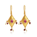 Traditional Gold Diamond-Shaped Earrings with Pink Stone