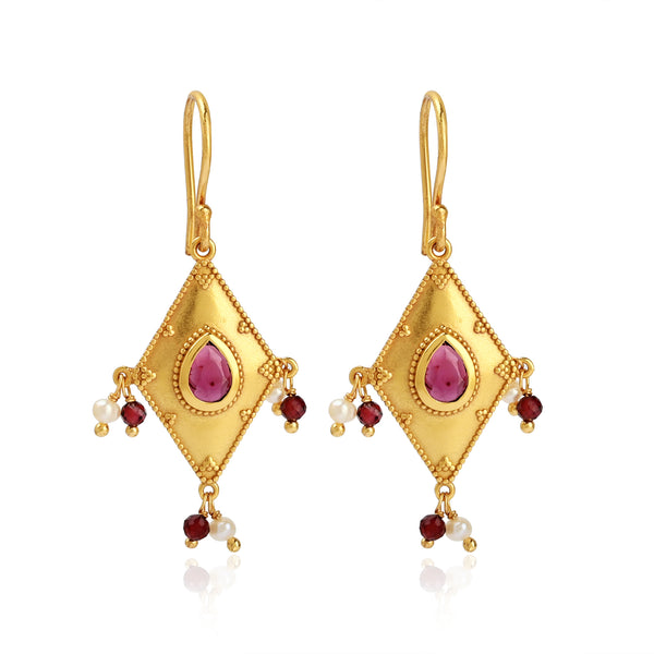 Traditional Gold Diamond-Shaped Earrings with Pink Stone