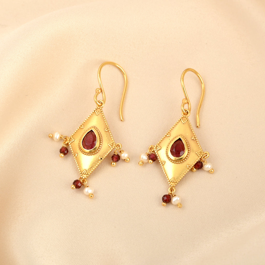 Traditional Gold Diamond-Shaped Earrings with Pink Stone